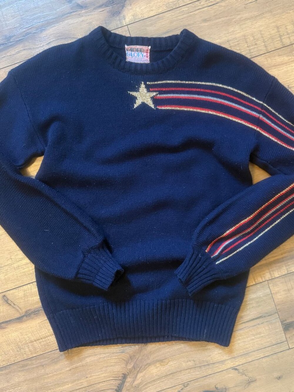 Vintage 70s 80s Faded Glory Navy Shooting Star Lurex Sweater Small